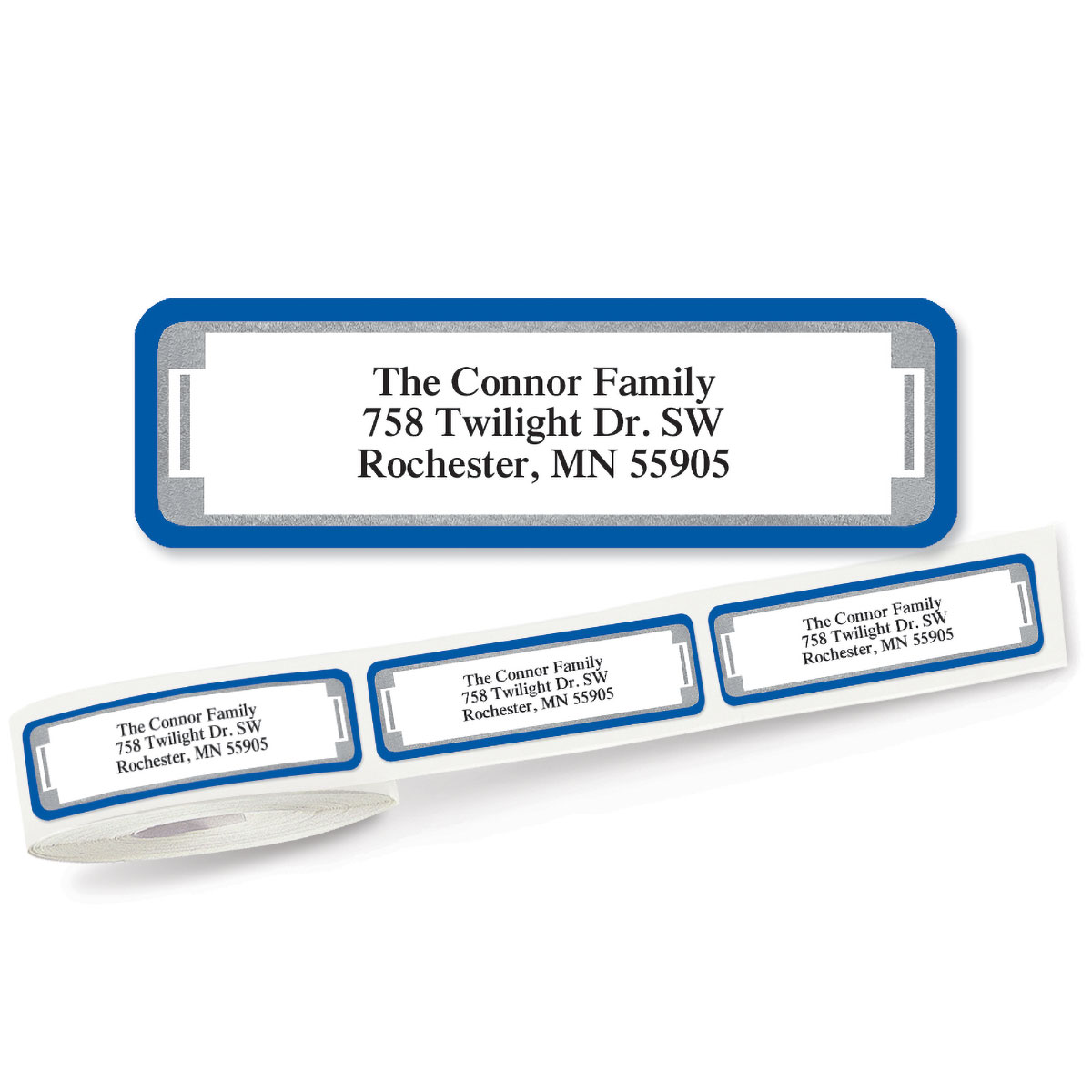 Blue and Silver Rolled Address Labels | Current Catalog