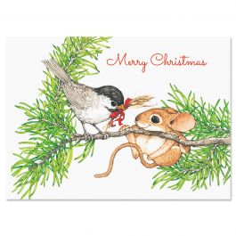 Bird and Mouse in Tree Christmas Cards - Personalized