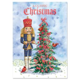Nutcracker with Tree Deluxe Christmas Cards - Personalized