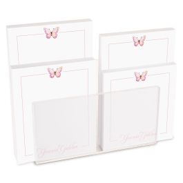 Pink Butterfly with Border Personalized Notepad Set & Acrylic Holder