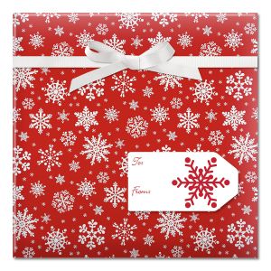 Snowflake on Red Jumbo Rolled Gift Wrap and Labels