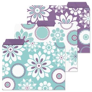 Vibrant file folders, set of 3, blue white and purple abstract floral