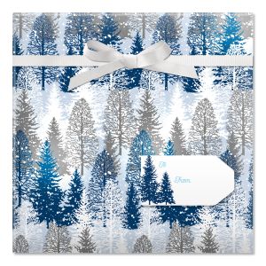 Snowy Trees Jumbo Rolled Gift Wrap and Labels