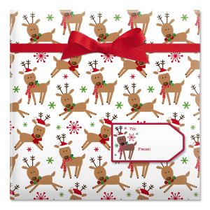 Merry Reindeer Jumbo Rolled Gift Wrap and Labels
