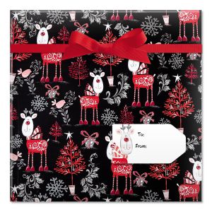 Reindeer on Black Jumbo Rolled Gift Wrap and Labels