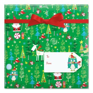 Whimsy Santa & Reindeer Jumbo Rolled Gift Wrap and Labels