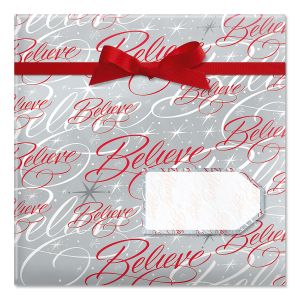 Believe Silver Jumbo Rolled Gift Wrap and Labels