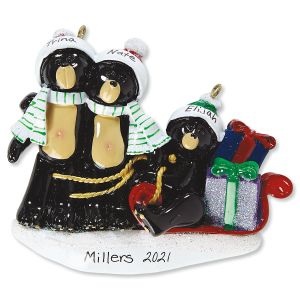 Sledding Bear Family Hand-Lettered Christmas Ornament