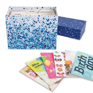 Blue Dots Greeting Card Organizer Box with Cards and Labels