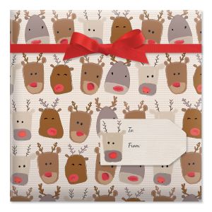 Reindeer Heads Jumbo Rolled Gift Wrap and Labels