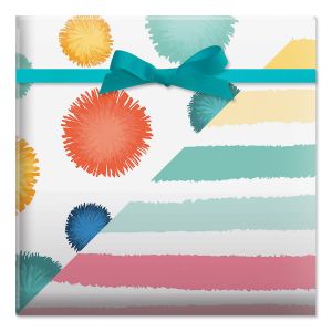 Birthday Pom Poms with Stripes Double-Sided Jumbo Rolled Gift Wrap