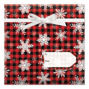 Snowflakes on Plaid Rolled Gift Wrap and Labels