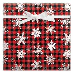 Snowflakes on Plaid Jumbo Rolled Gift Wrap and Labels