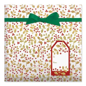 Gold Holly Berry Jumbo Rolled Gift Wrap and Labels