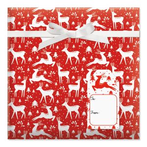 Prancing Deer on Red Jumbo Rolled Gift Wrap and Labels