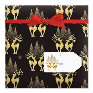 Golden Deer Elegance Jumbo Rolled Gift Wrap and Labels
