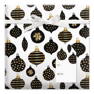 Black & Gold Ornaments Jumbo Rolled Gift Wrap and Labels
