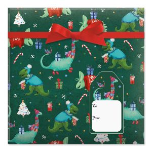 Merry Dinosaurs Jumbo Rolled Gift Wrap and Labels