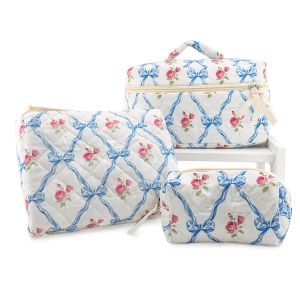 Quilted Make Up Bags with Blue Bow Set