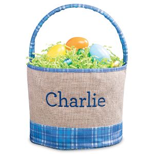 Personalized Blue Burlap & Gingham Easter Basket