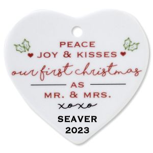 Peace, Joy & Kisses Heart Wedding Ceramic Personalized Christmas Ornament