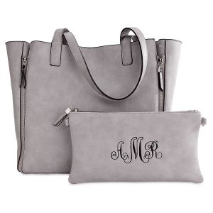Gray Carry-All Nora Tote Bag with Matching Personalized Crossbody Purse