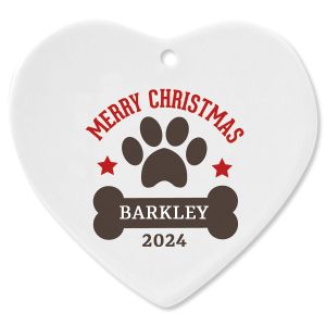 Paw Print and Bone Heart Pet Ceramic Personalized Christmas Ornament