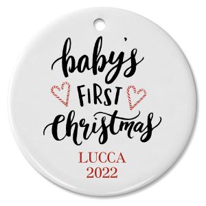 Baby's First Christmas Candy Cane Ceramic Personalized Christmas Ornament