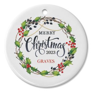 Merry Christmas Berry Wreath Ceramic Personalized Christmas Ornament