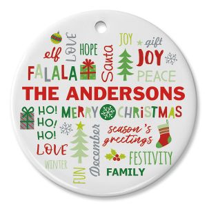 Round Personalized Christmas Words Ceramic Ornament  