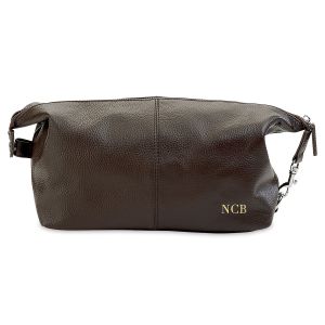 Brown Genuine Leather Monogrammed Toiletry Bag 