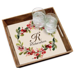Marble Holiday Berry Personalized Burnt Wood Square Serving Tray