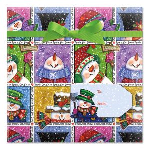 Snowmen in Squares Jumbo Rolled Gift Wrap and Labels