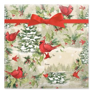 Tree Cardinal Jumbo Rolled Gift Wrap and Labels