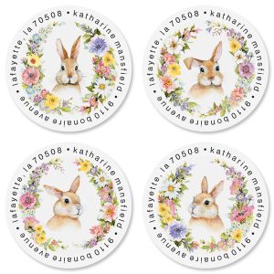 Spring Floral Bunny Round Address Labels (4 Designs)