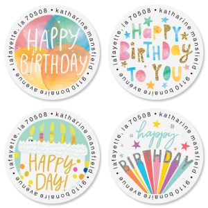 Birthday Cheers Round Address Labels (4 Designs)