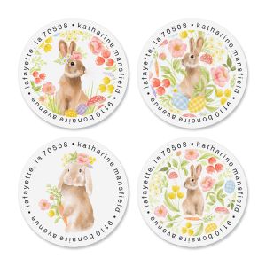 Floral Bunnies Round Address Labels (4 Designs)