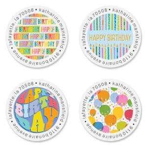 Rainbow Birthday Round Return Address Labels (4 Designs)