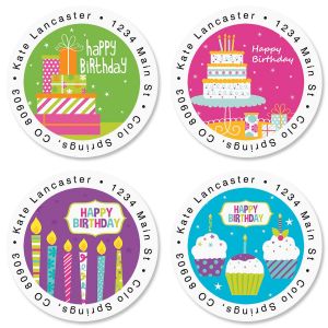 Birthday Brights Round Address Labels  (4 Designs)