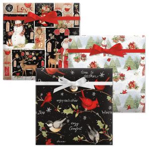 Woodland Christmas/Birds On Black/Snowy Cardinal Jumbo Rolled Gift Wrap