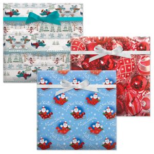 Snow Days/Red & White Ornaments/Santa on Sleigh Jumbo Rolled Gift Wrap