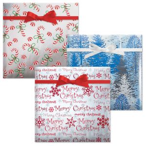 Candy Canes/Snowy Winter Trees/Merry Christmas Script Foil Jumbo Rolled Gift Wrap