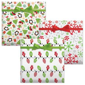 Crackle Snow Red/Elves/String of Lights Jumbo Rolled Gift Wrap