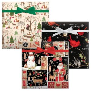 Woodland Christmas Collage/Birds on Black/Christmas Woods Jumbo Rolled Gift Wrap