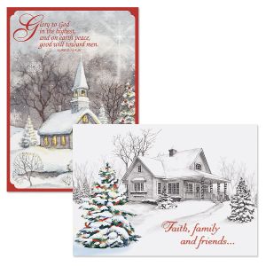 Winter Home/Snowy Church Religious Christmas Cards