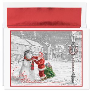 Santa & Snowman Deluxe Foil Christmas Cards with Foil-Lined Envelopes