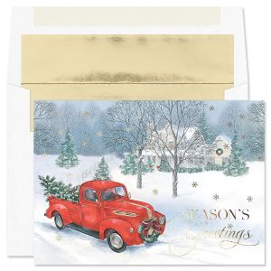 Trucking the Tree Deluxe Foil Christmas Cards with Foil-Lined Envelopes