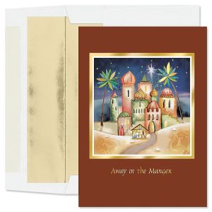 Gold Trimmed Nativity Deluxe Foil Christmas Cards with Foil-Lined Envelopes