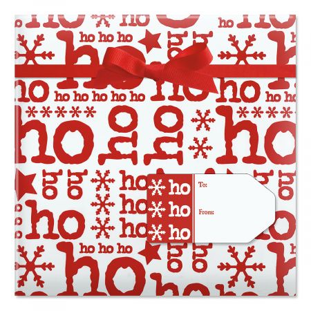 Ho Ho on White Jumbo Rolled Gift Wrap