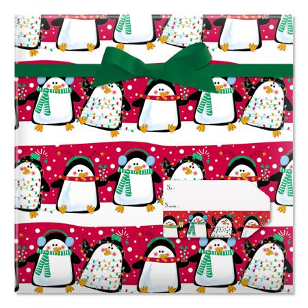 Festive Penguins Jumbo Rolled Gift Wrap and Labels